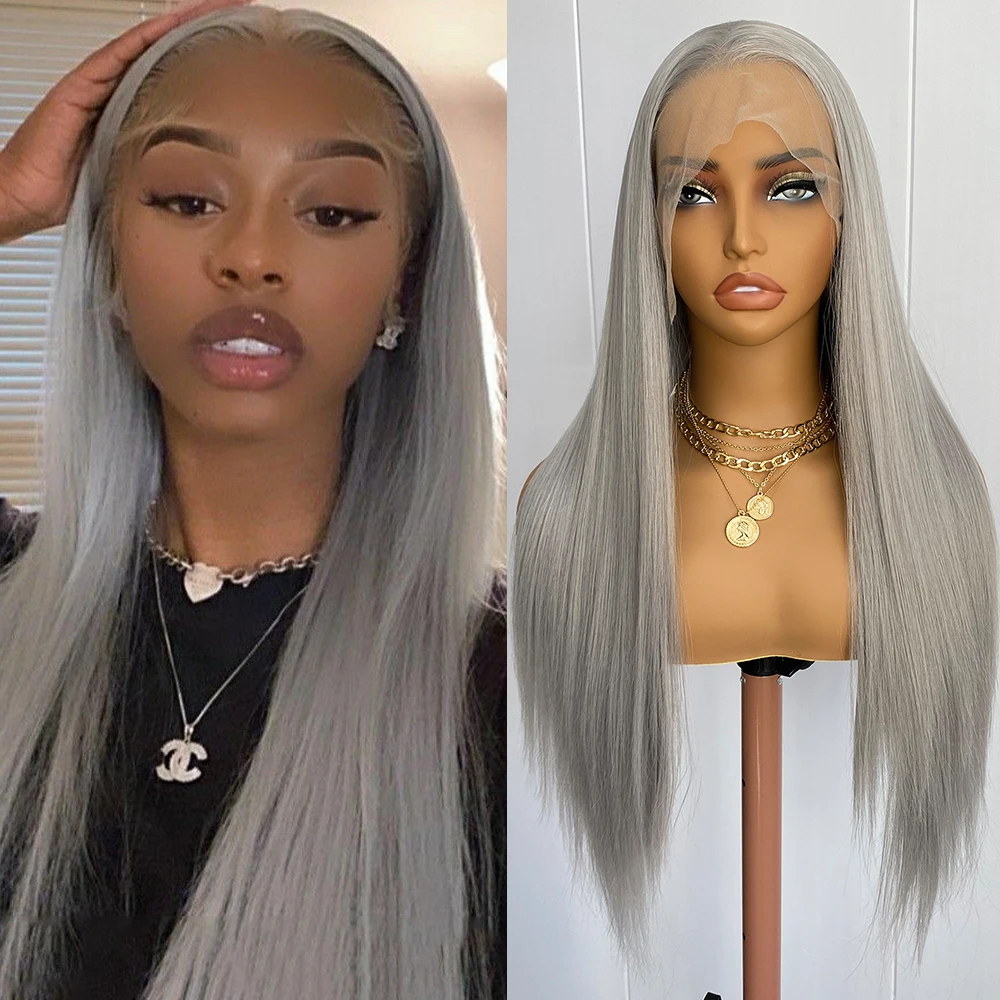 Diniwigs فضي رمادي شعر مستعار دانتيل 13x4 طويل حريري مستقيم الاصطناعية الدانتيل الجبهة الباروكات للنساء مقاومة للحرارة شعري طبيعي