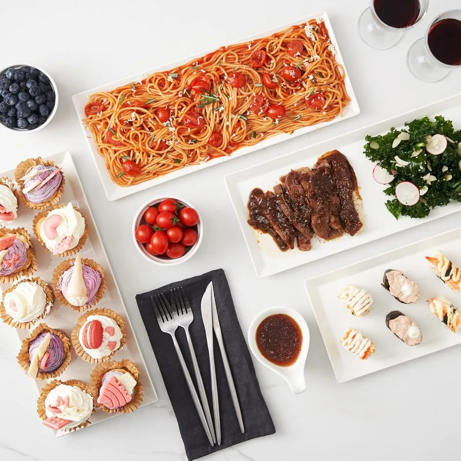 14.5 مجموعة أطباق مستطيلة مكونة من 4 صواني تقديم طويلة لرقائق معكرونة السوشي المقبلات كعكة طبق مستطيل من السيراميك الأبيض لـ Pa