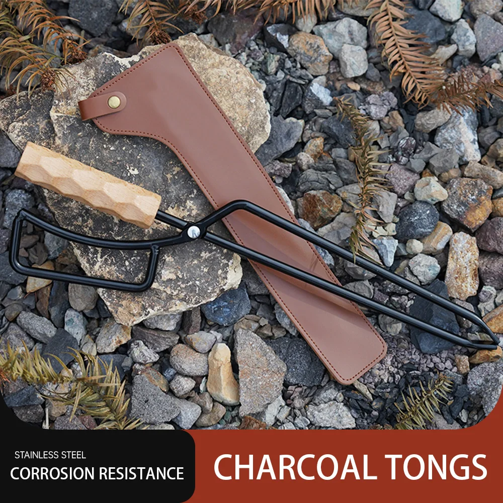 Fire Tongs Stainless Steel Charcoal Tongs Portable Storage bag Leather Cover Anti-Scalding Charcoal Clip Fireplace BBQ Tools