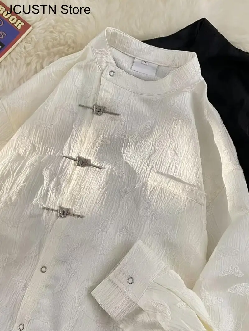 New Chinese Style Tang Clothes Fashion Butterfly Button Down Shirt Male Long Sleeve Jacket Spring Autumn Streetwear Jacquard