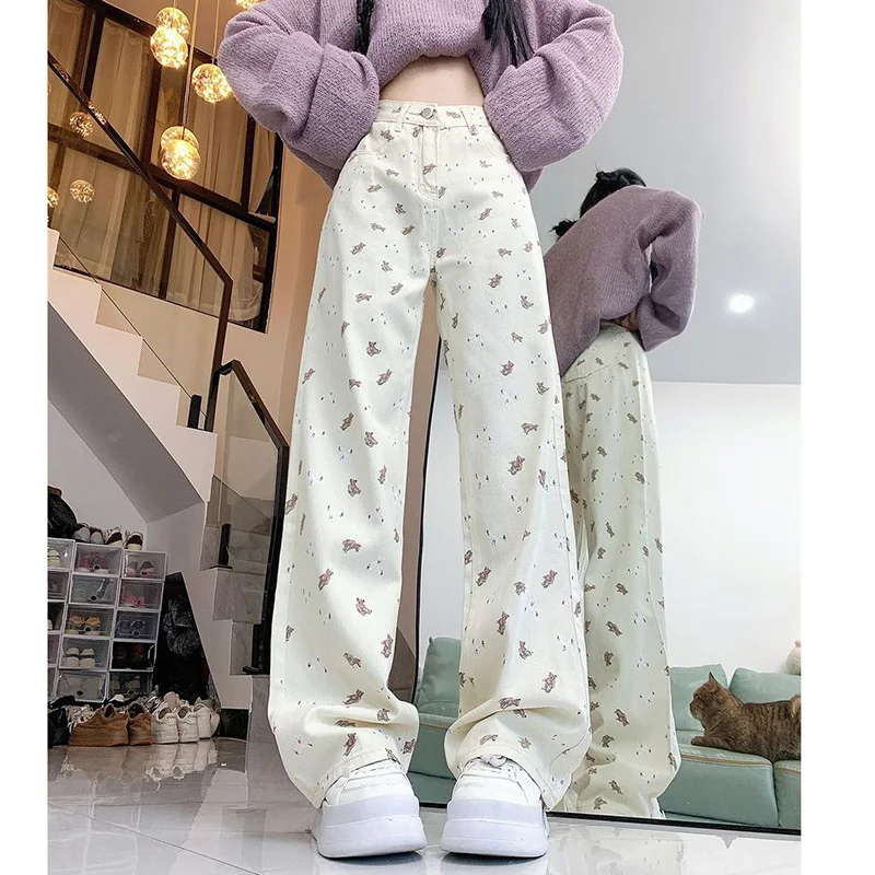 Lady Sweet Designer Cute Printed Baggy Jeans Girls Thin Straight Leg Denim Pants Women Fashion High Waist Leisure Trousers