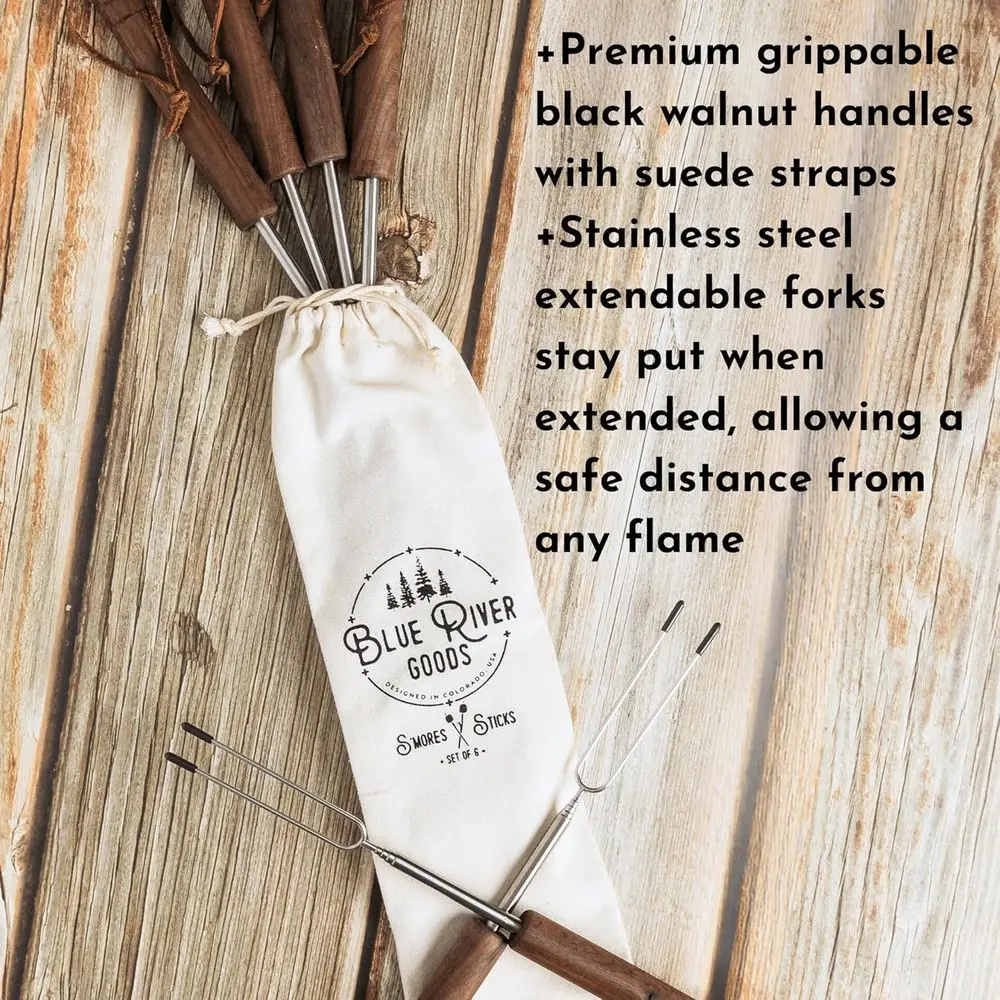 Set of 6 Stainless Steel Marshmallow Roasting Sticks with Walnut Handles | Perfect for S'mores and Campfire Cooking