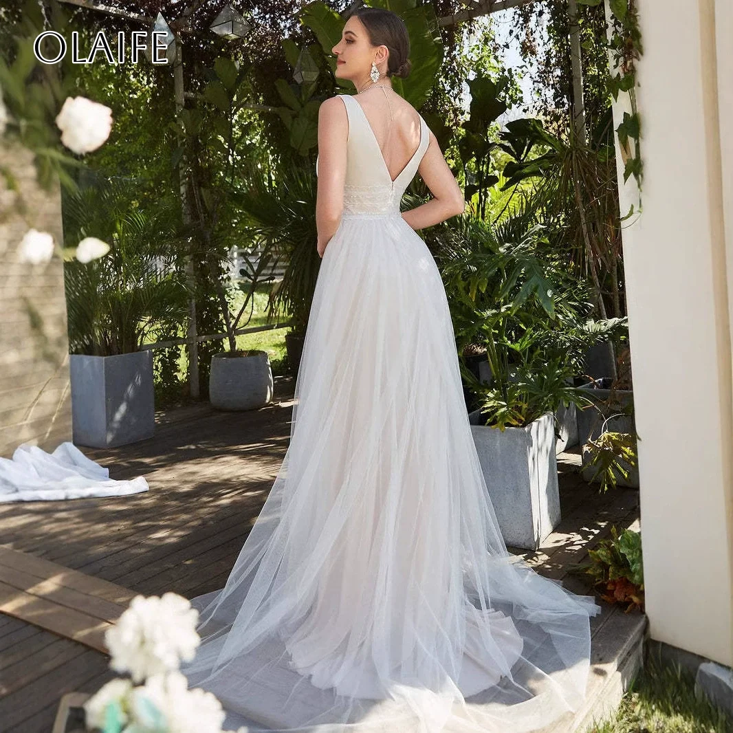 Brautkleider mit Perlenschärpe für die Braut, A-Linie, V-Ausschnitt, ärmellos, plissiert, Sweep-Zug, individuell gestaltete Vestidos de Novia