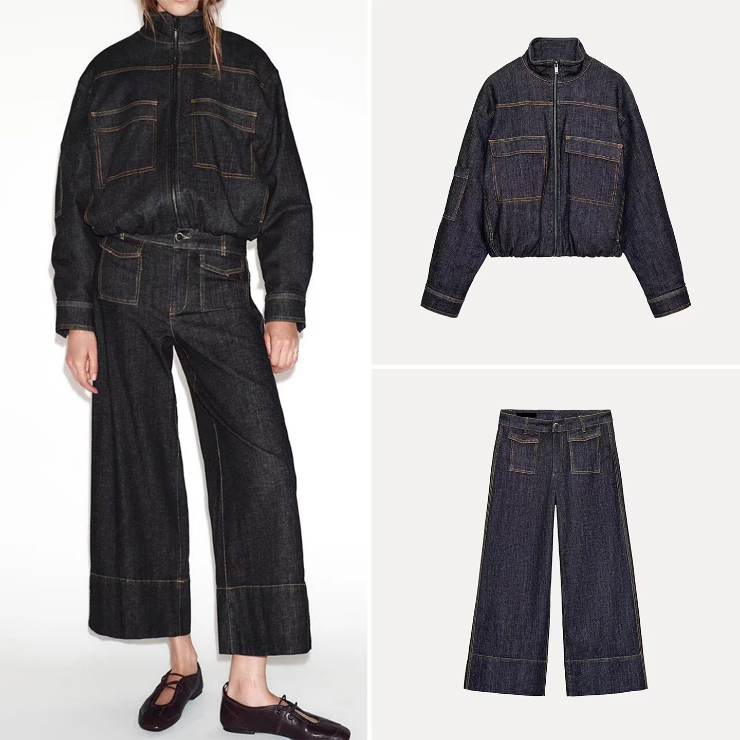 

Winter 2025 Women's Stand Collar Jaet Coat Denim Wide Leg Pants Z Stand Fit ort Outerwear Long Sve Zipper