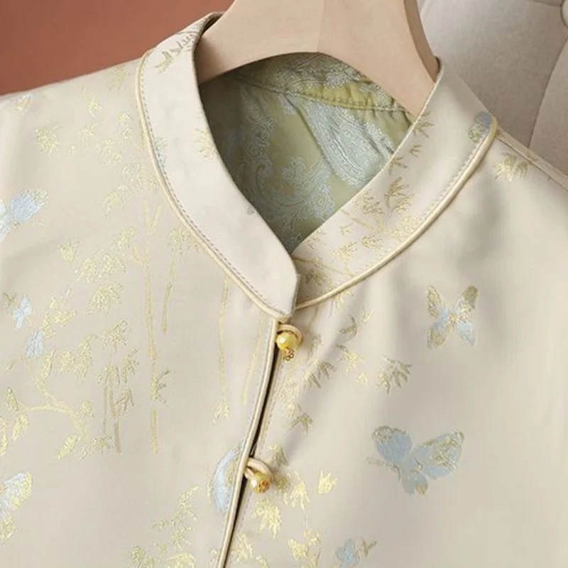 Estilo chinês feminino sem mangas colete bordado flor jaqueta feminina verão novo decote em v lantejoulas feminino colete casaco