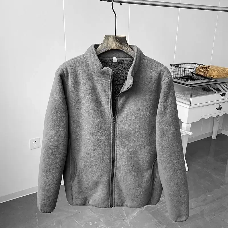 

Mens Winter Jacket Fleece Thick Warm Windbreak Outdoor Casual Coat Solid Color Sherpa Stand Collar Zip Up Soft Comfortable