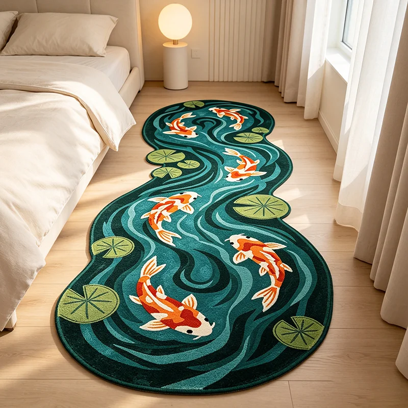 Kreativer Koi-Fisch & Lotus Unregelmäßig Geformter Teppich Retro-Kunst Plüsch-Bettvorleger Modischer Luxusteppich für Flur und Wohnzimmer – Detail 1