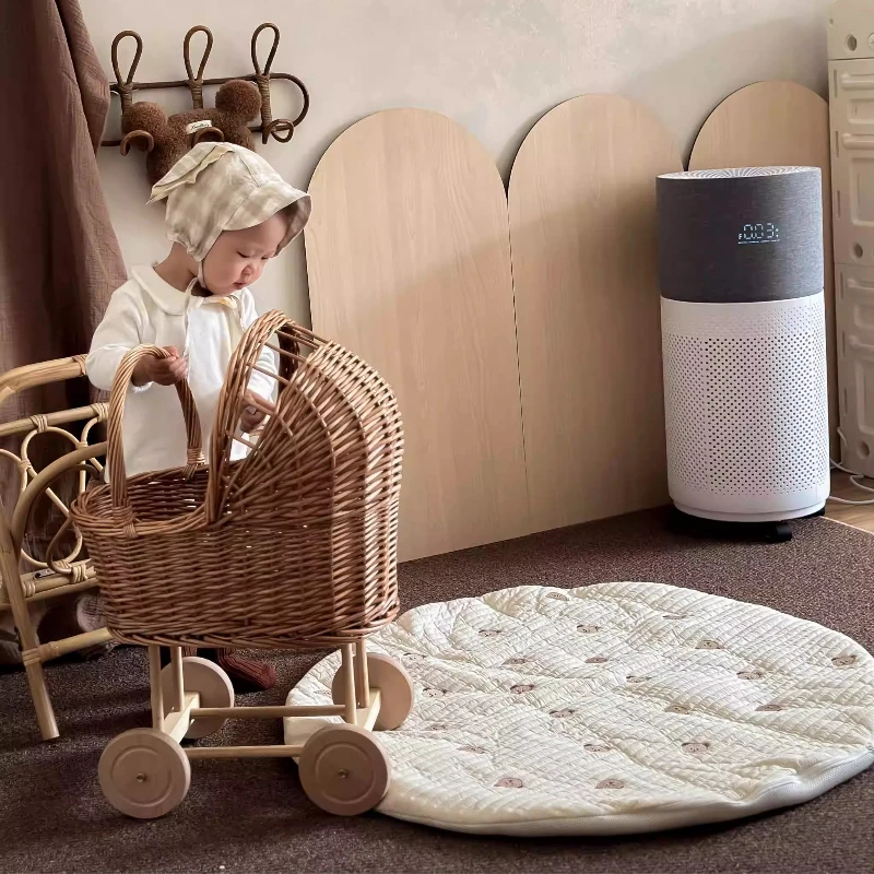 Vintage Rattan Doll Stroller Woven Storage Basket for Nursery Room Decor Pretend Play Pushcart for Kids Photoshoot Prop