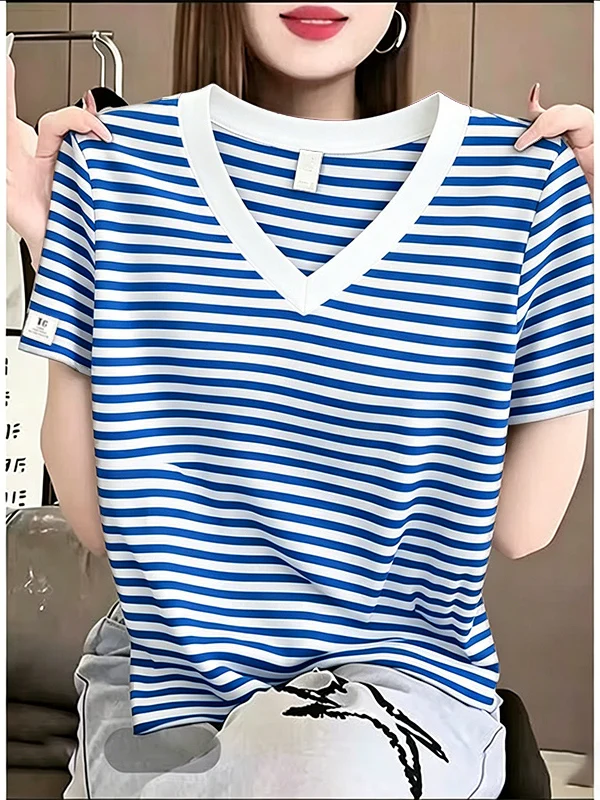 2026 New Style Women's Loose Fit V-Neck Short Sleeve T-Shirt Striped Color Block Slimming Top Casual Comfortable Breathable