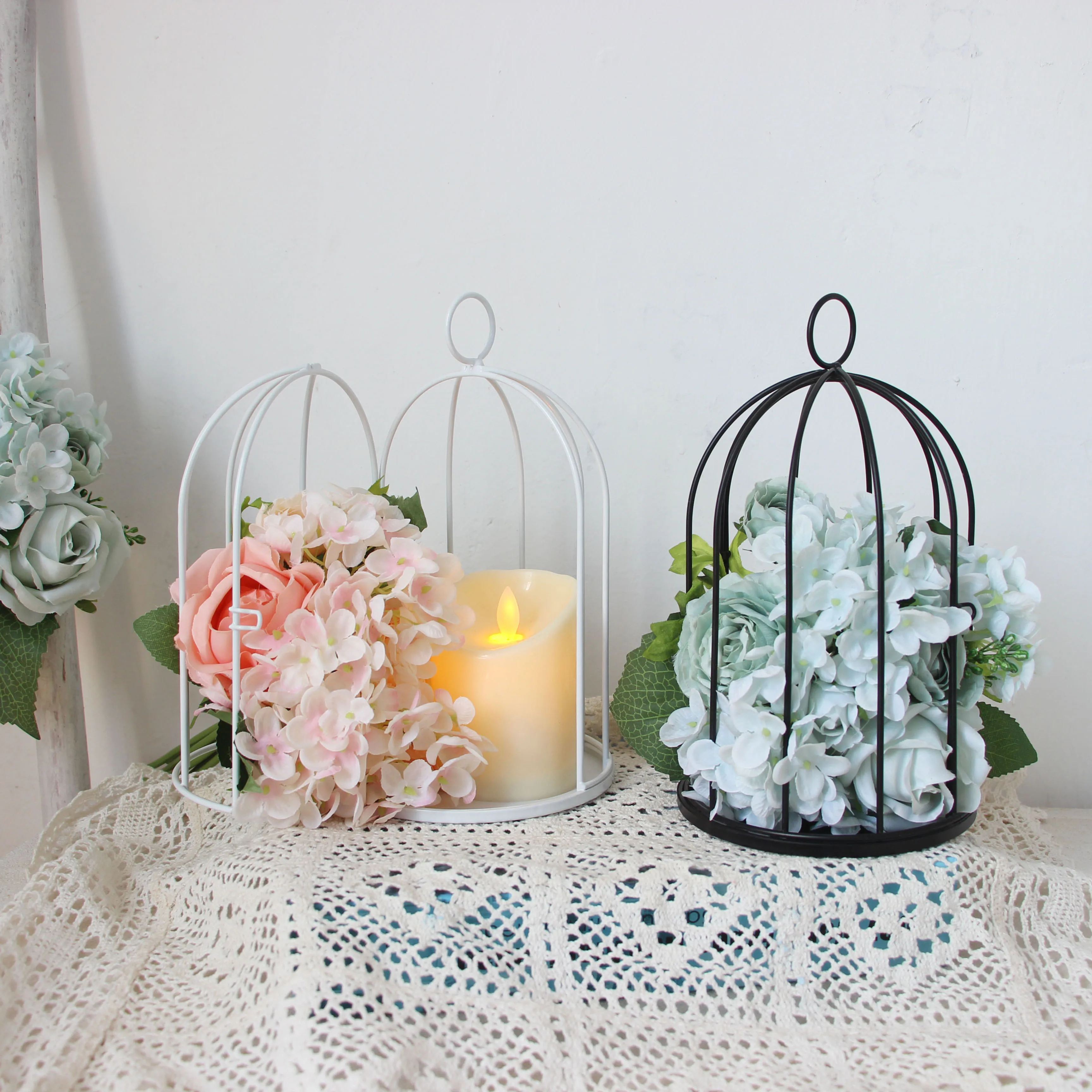 white Outdoor Modern iron garden metal birdcage line cage with Bird decoration hanging flowerpot succulent plants