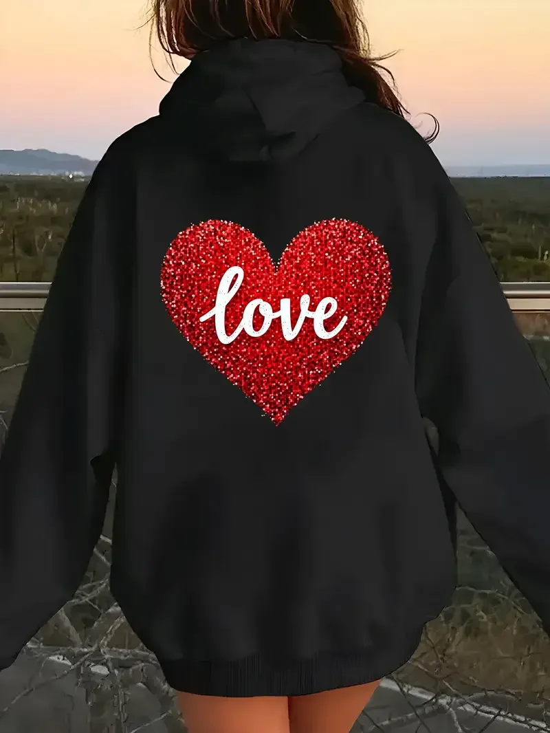 

Women's Plus Size Casual Hoodie With Red Glitter Heart Love Graphic 100% Polyester Front Pockets Machine Washable Autumn Warmth