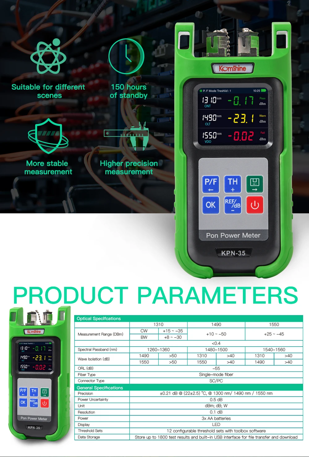 Imagem -03 - Medidor de Potência Komshine Kpn35 Pon 1310nm 1490nm 1550nm. 10mw Vfl Construído em Kfi40v Fiber Identifier Fiber Detector