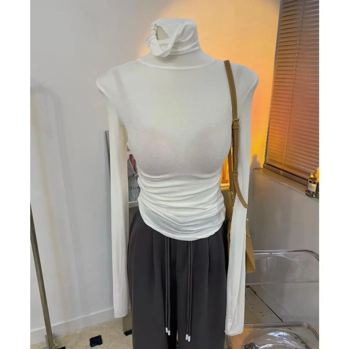 Semi See Through High Collar Women Slim Bodycon Long Sleeve Base Top Ultra Thin Warm Thermal Layering Inner Blouse