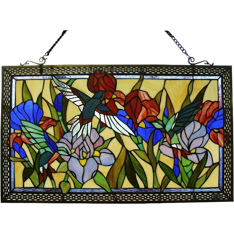 Humming and Flowers Stained Glass 28" x 17" Window Panel, 100% Genuine Stained Glass, Handcrafted 363 pieces, 28 by 17-inch