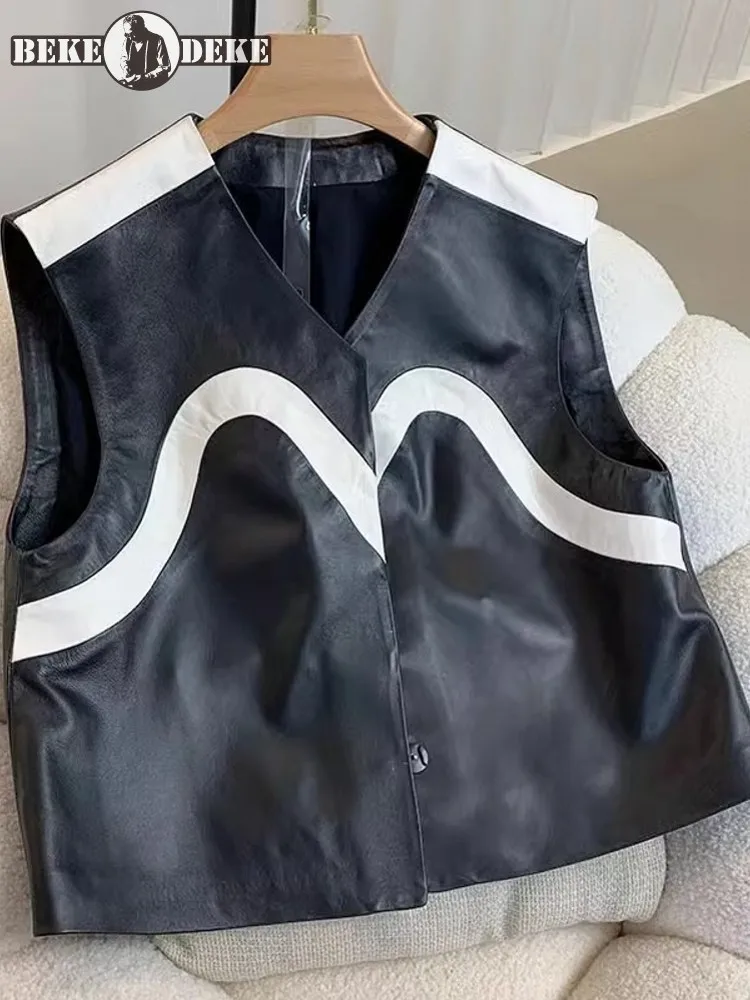 Genuine Leather Female Vest Single Breasted V Neck Real Sheepskin Spring Sleeveless New Youthful Mixed Colors Stylish Waistcoat