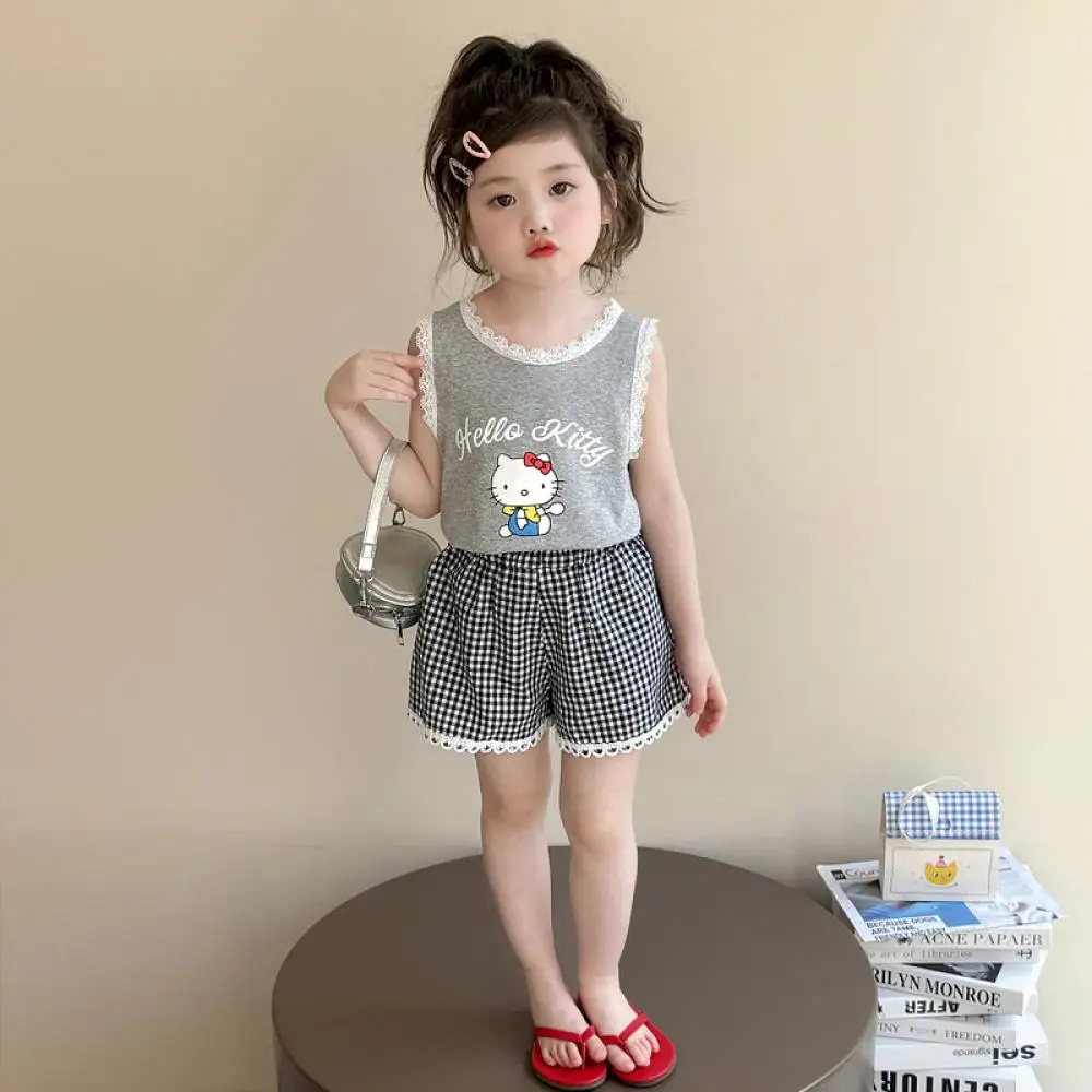 

New Sanrio Girls Hello Kitty Suspender Set Y2K Kid Print Vest Shorts Summer Slim Fit High Street Sleeveless Short Style Lace Top