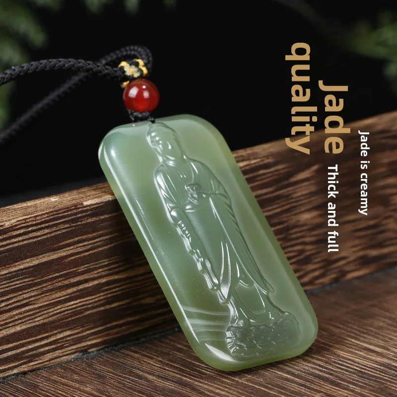 Natural Light Green Hetian Jade Amitabha Buddha Pendant Chinese Style Lucky Blessing Good Fortune Protection Amulet Unisex Hand