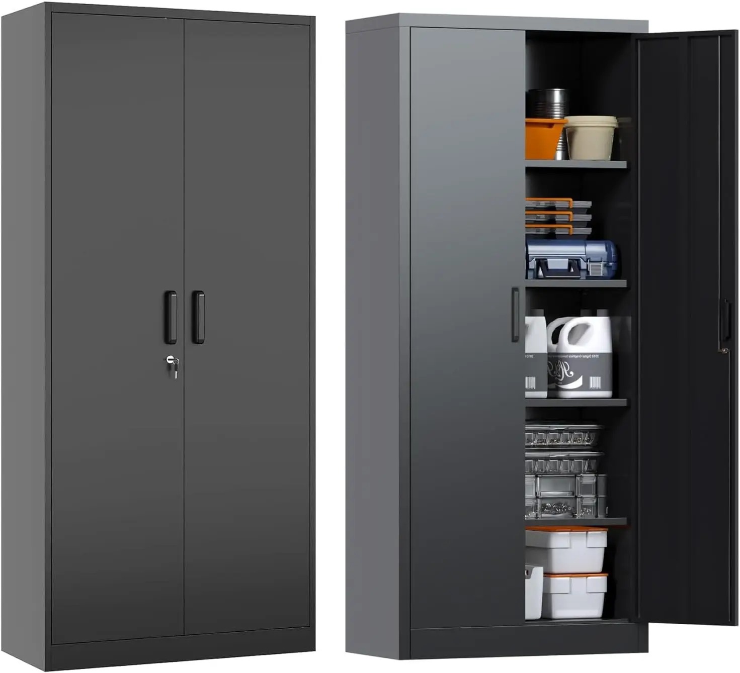 

Metal Storage Cabinet with 5 Adjustable Shelves, Pantry Cabinet with 2 Doors, Lockable Garage Storage Cabinet, Tool Cabinet,