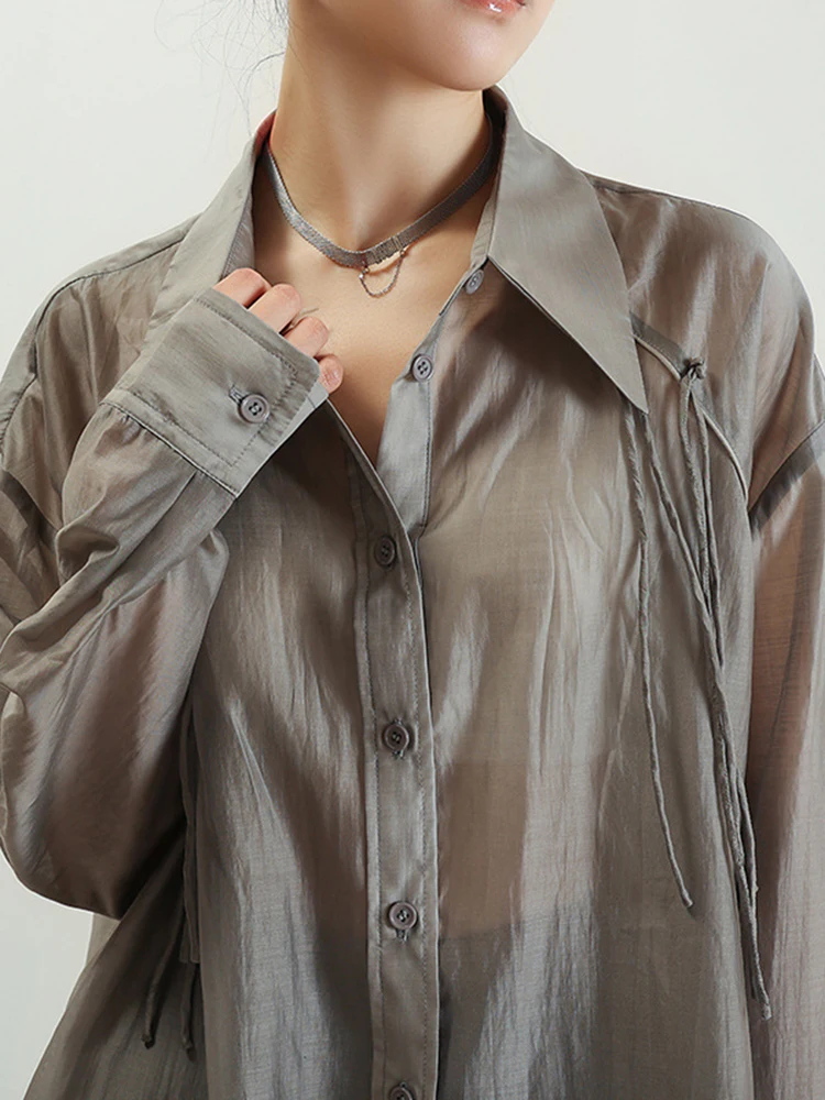 [LANMREM] Perspective Sunscreen Long Sleeve Shirts For Women Lapel Single Breasted Loose Blouses 2024 Summer New 26D9698