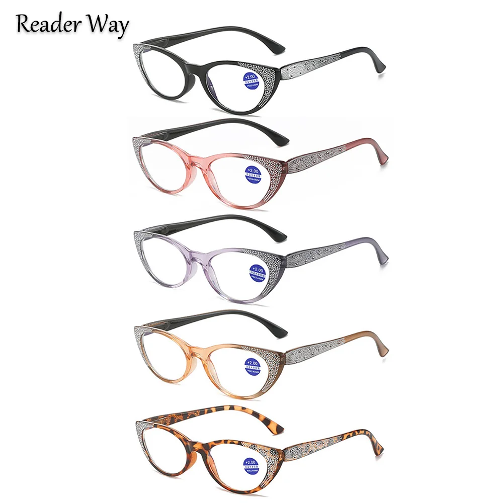 

5 Pack Anti Blue Reading Glasses Cat Eye Diamond Frame Elegance Women Presbyopic Eyeglasses High Quality Fashion Female Reader