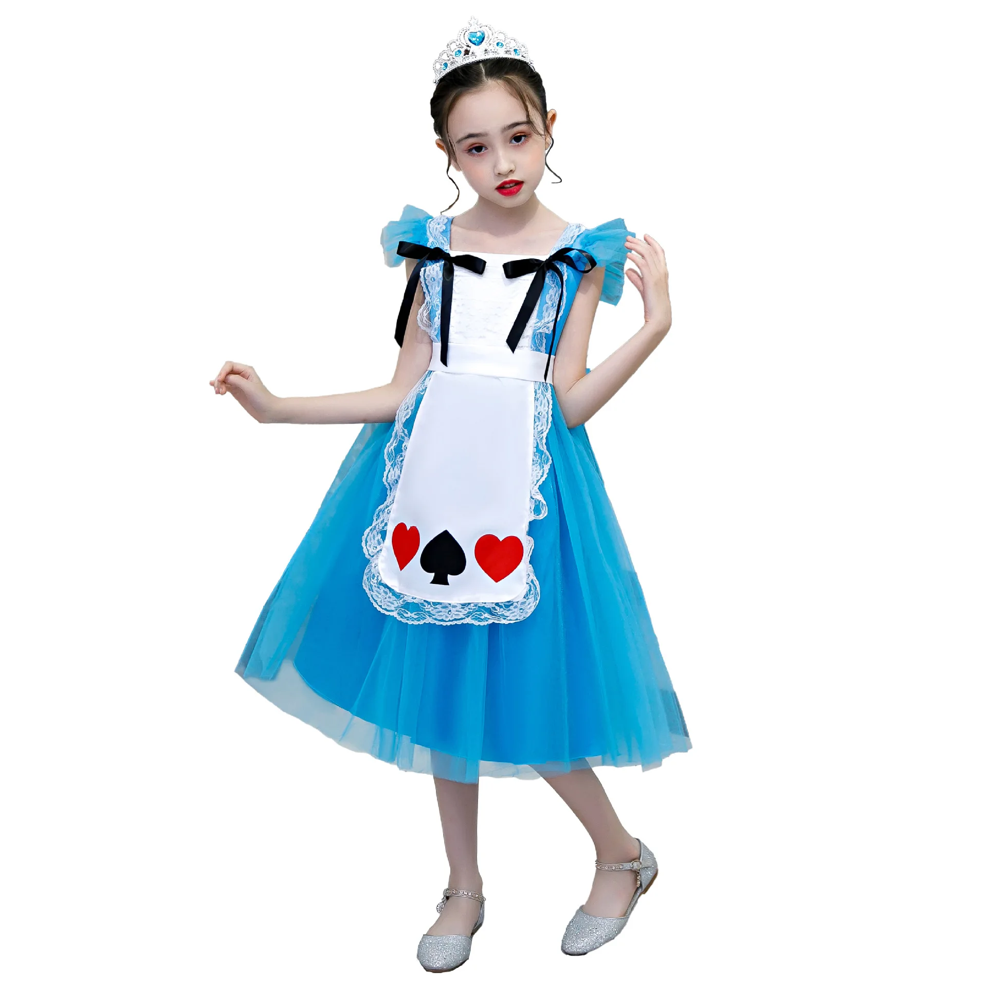 TV &Movie Wonderland Cosplay blue heart mesh Dress Halloween kid Queen poker