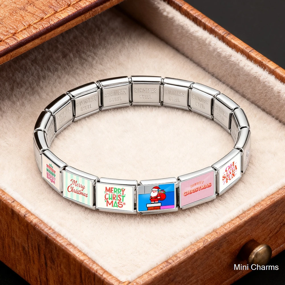 Frohe Feiertage, frohe Weihnachten, fröhlicher Weihnachtsmann, lustiger Edelstahlschmuck, italienische Glieder, passend für 9mm Armbänder, DIY-Perlenzubehör – Detail 2