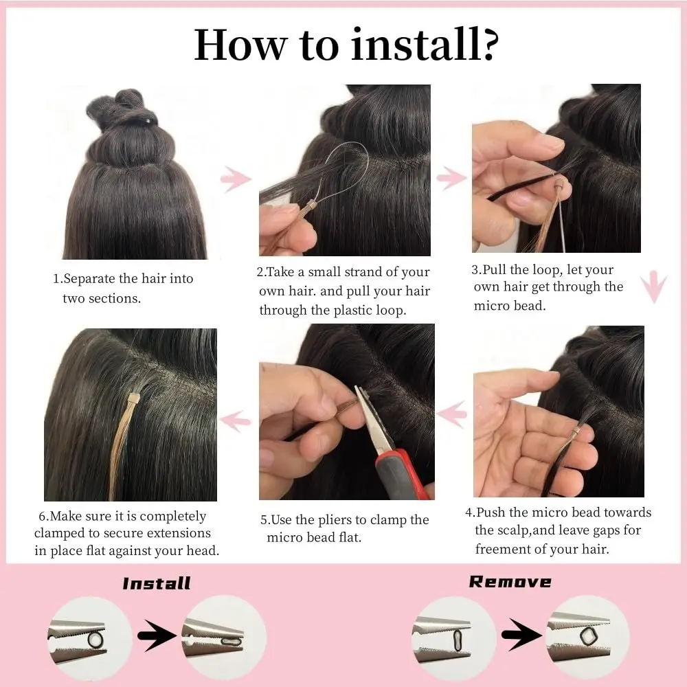 وصلات شعر بحلقة صغيرة 100% شعر بشري مستقيم لحمة حلقات مرفقة مسبقًا لنتائج احترافية سريعة