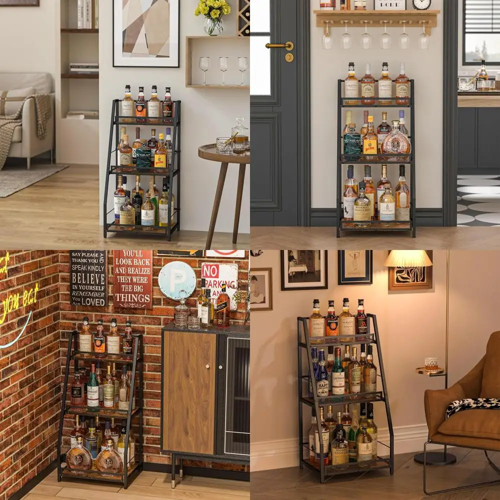 

3-Tier Corner Wine Rack, Vintage Brown, Freestanding for Home Bar, Holds Liquor, Whiskey, Wine Bottles with Fences