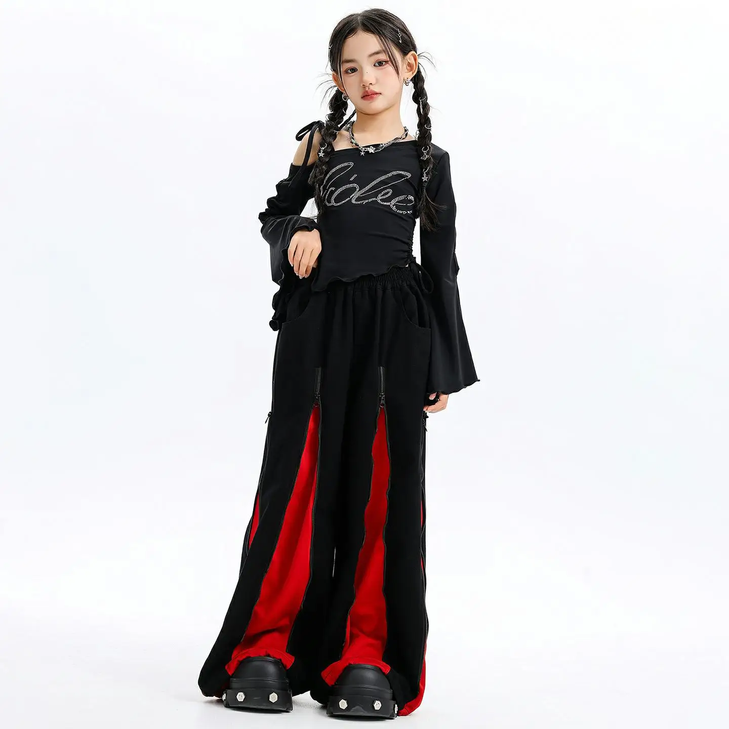 키즈 케이팝 힙합 의류 블랙 원숄더 사이드 타이 티셔츠 레드 캐주얼 지퍼 와이드 레그 팬츠 소녀 댄스 의상