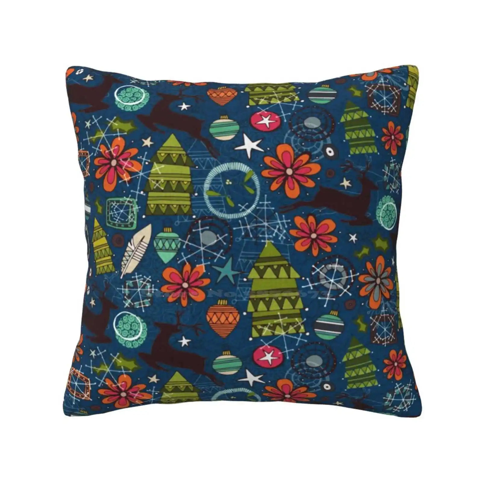 Joyous Jumble Indigo Soft Comfortable Pillowcase Christmas Tree Vintage Retro Deer Stag Baubles Snowflakes Flowers Texture