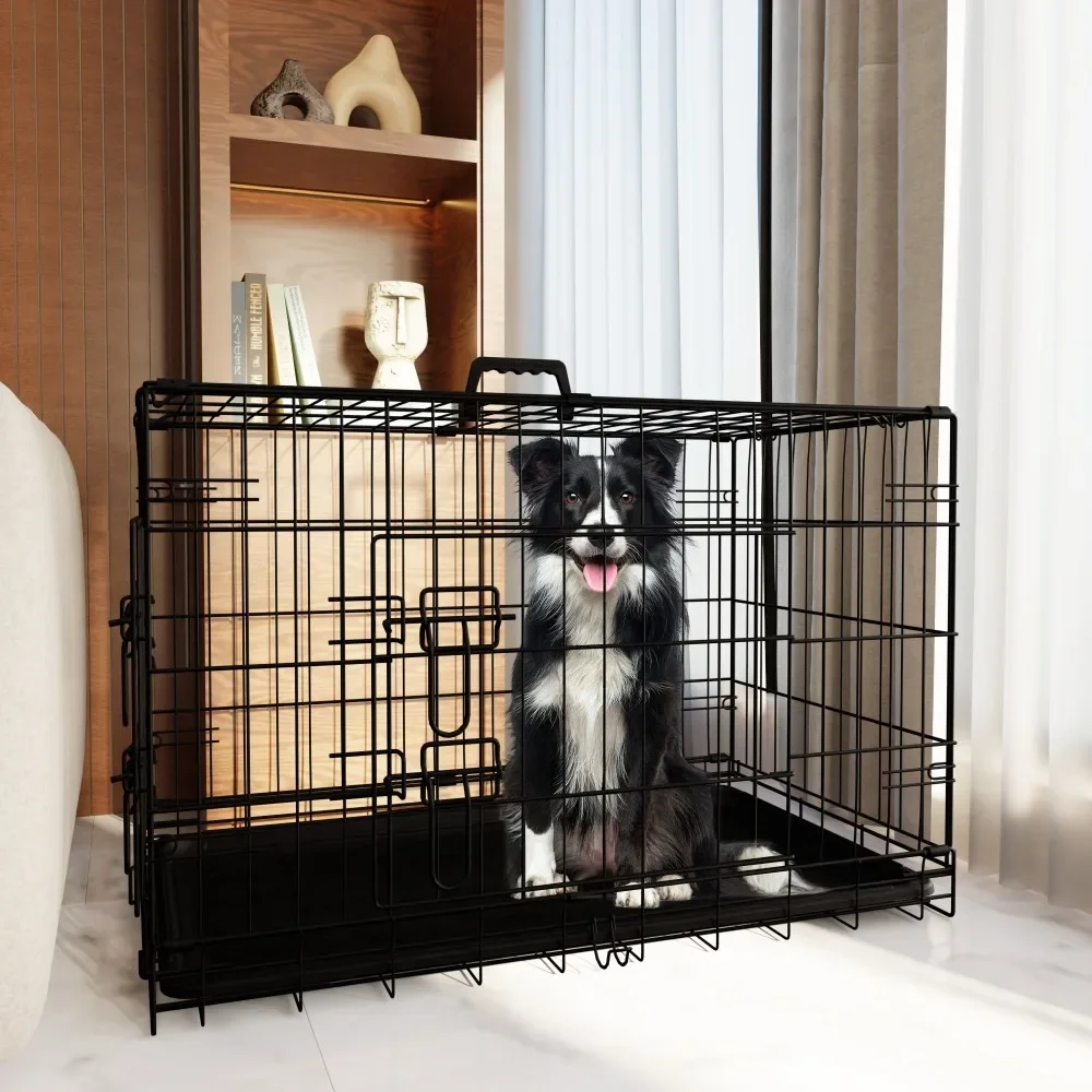 Dog Crate, 42 Inch Large Dog Cage with Divider and Plastic Leak-Proof Pan Tray, Outdoor, and Travel, Made in Vietnam