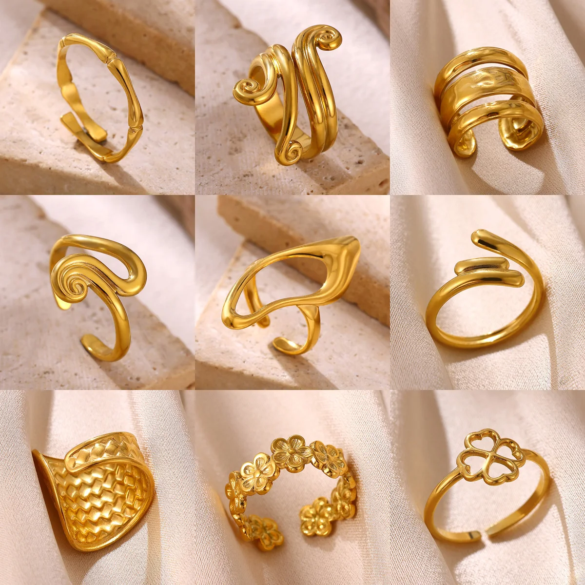 Edelstahl Unregelmäßige Geometrische Ringe für Frauen Kreative Goldfarbene Verstellbare Öffnungsringe Weiblicher Statement-Schmuck Geschenke