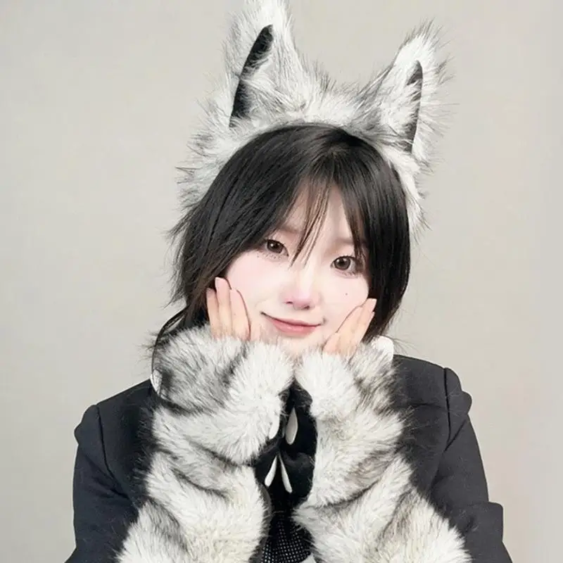 A52E Warme Pelzigen Wolf Cosplay Zubehör Mit Ohren Stirnband Und Fäustlinge Fantasy Cosplay Requisiten Für Winter Event – Detail 2