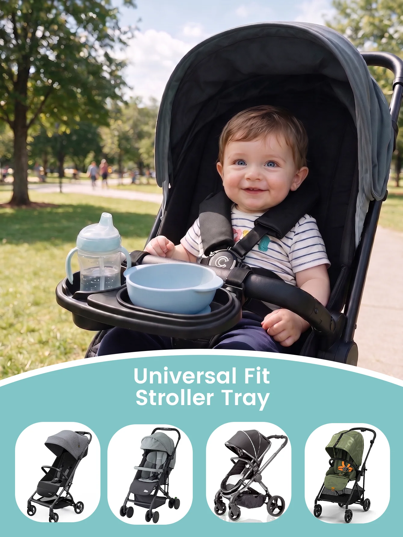Stroller Handlebar Tray with Cup Holder, Convenient Outdoor Baby Drink & Food Storage Tray for Parent Daily Walks