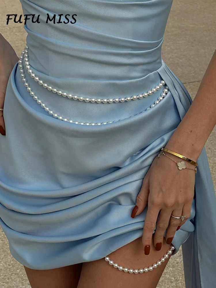 Elegant Mini Dress Women Slim Ribbons String of Pearls Tube Tops Above Knee Evening Dress Female Blue Party Satin Robe Lady