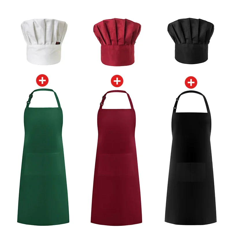 

Chef Apron Hat Set Cook Pinafore Adult Adjustable Baker Chef Waiter Kitchen Pocket Pinafore Women's Kitchen Apron