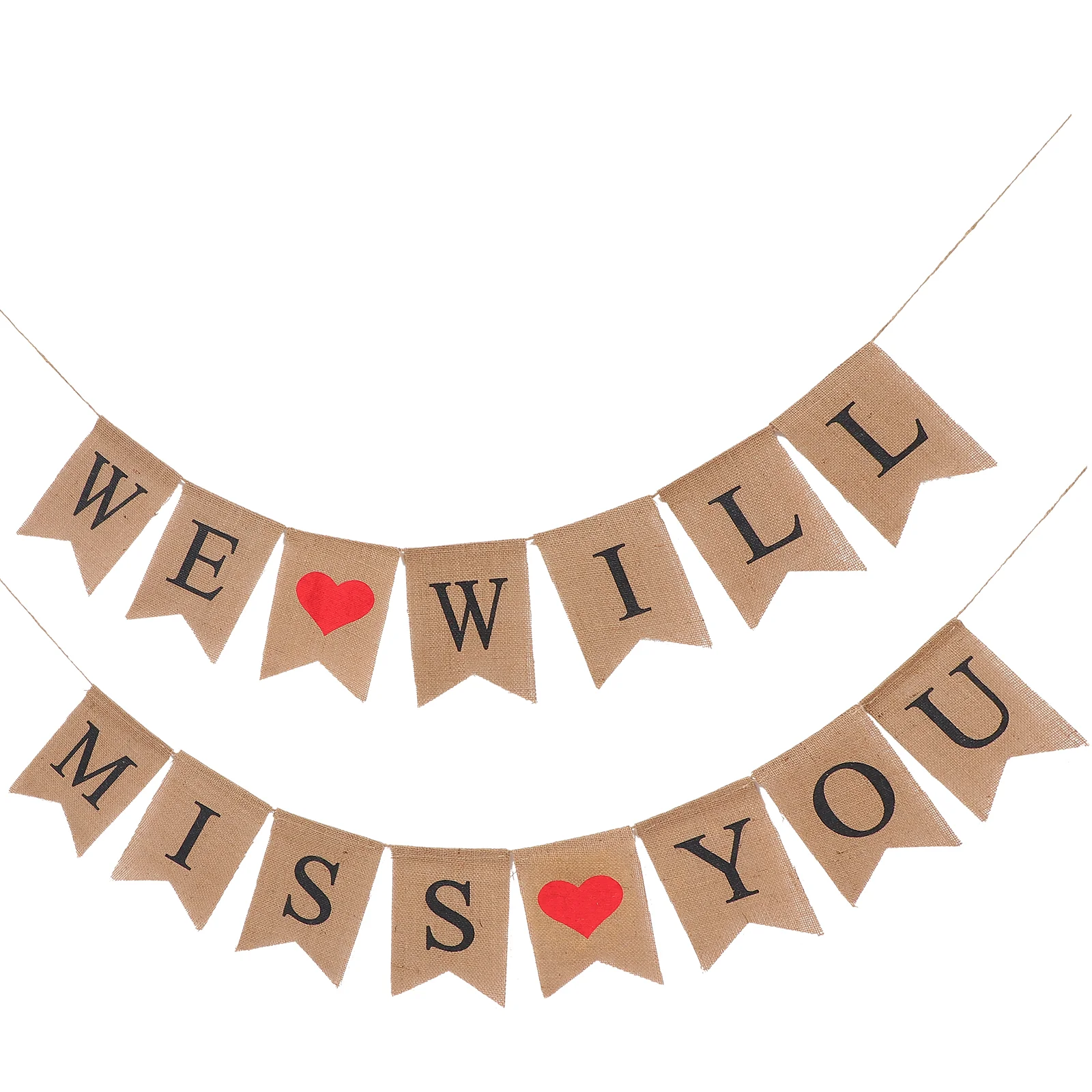 WE WILL MISS YOU Letters Bunting Banner Heart Pattern Linen Burlap Banner Swallowtail Pull Flag Party Decoration for Valentine's