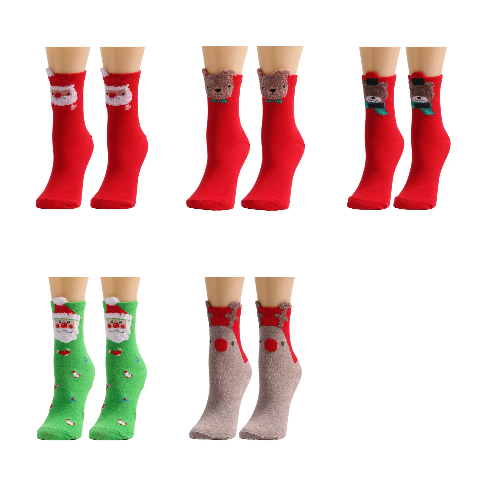 

Christmas themed mid-calf socks set: red and green old man/elk/little bear 5 gift boxes