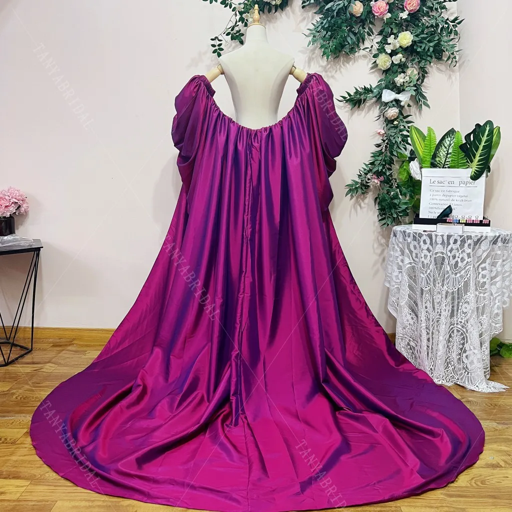 Plum Taffeta Evening Dress Cape Fashionable Full Sleeves Off Shoulder Ruched Long Jacket Bolero Formal Lady Dress Outfit Cloak