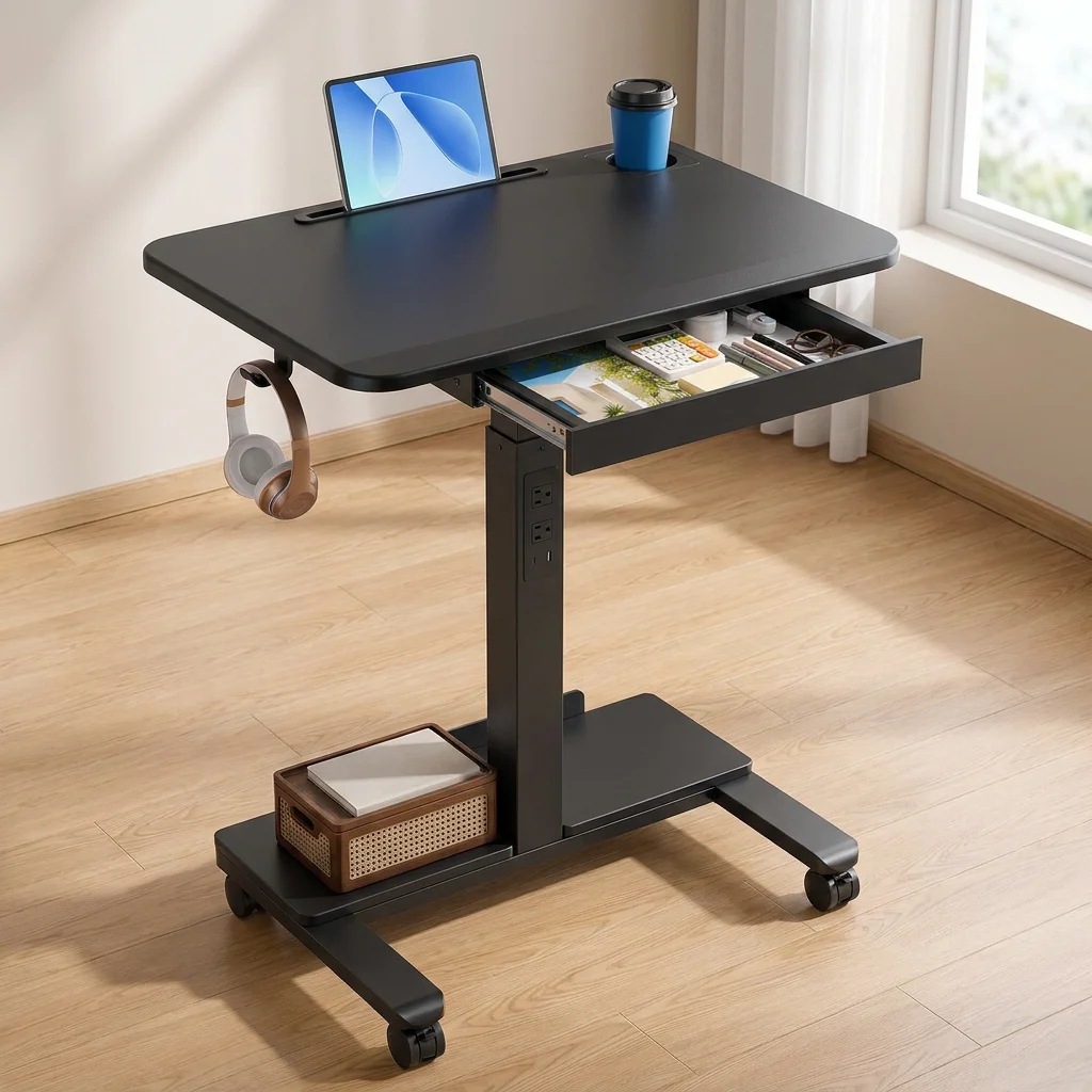 Obile Standing Desk with Drawer, Height Adjustable Rolling Sit Stand Desk with Built-in Power Strip, Lockable Wheels, Storage Base, Tablet Slot & Cup Holder, Pneumatic Mobile Workstation for Bedroom, Office, Classroom