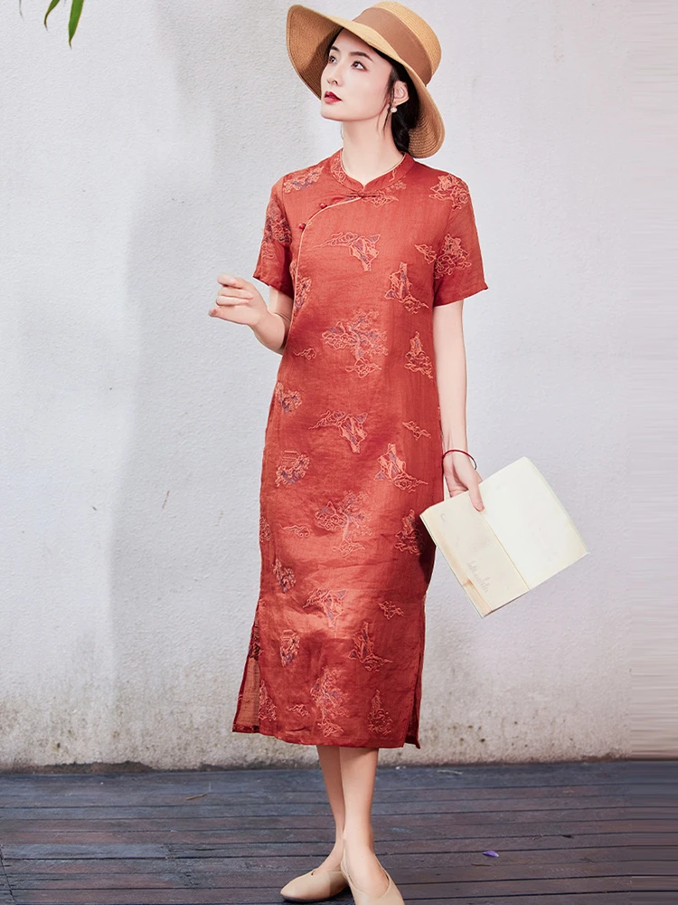 

Chinese Style Women Cheongsam Dress New 2026 Summer Vintage Floral Embroidery 100% Ramie Ladies Elegant Long Dresses M2750