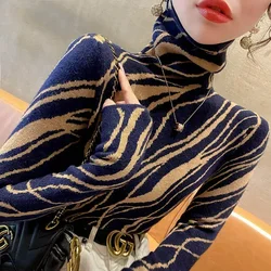 Women Clothing Fashion Slim Vintage Striped Knitwear Turtleneck Soft Elasticity Casual Sweaters Top Knitted Pullovers F730