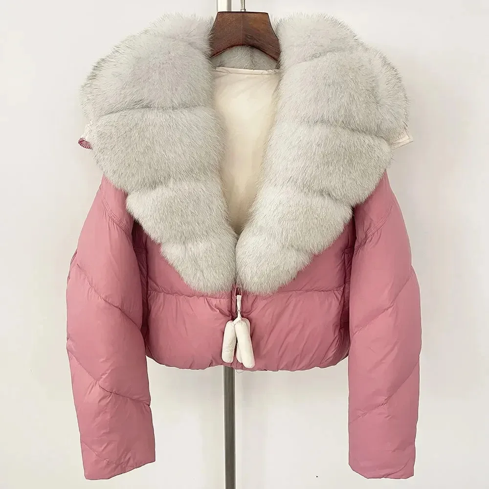 الأبيض بطة أسفل معطف المرأة ريال الطبيعية الثعلب الفراء طوق قصيرة سترة منفوخة سميكة الدافئة عارضة الشارع الشهير الشتاء أسفل سترة