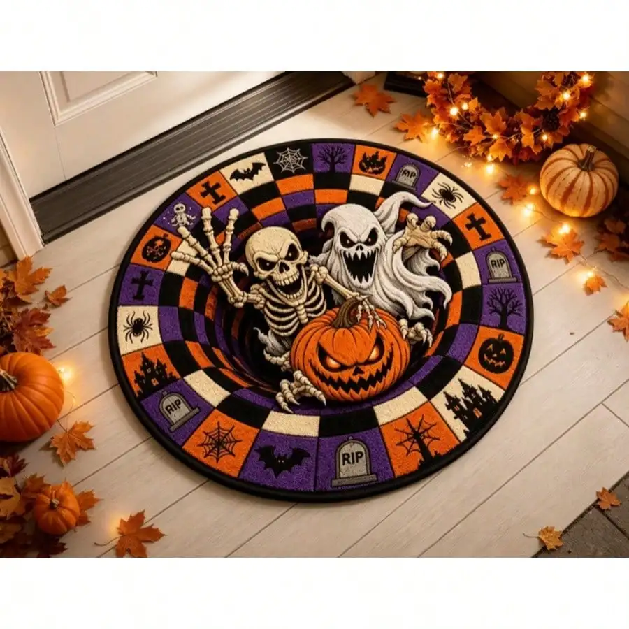 1pc,New In 2026 Halloween Atmospheric Skull Ghost Pumpkin Abyss Optical Illusion Round Carpet, Non-Slip And Removable Floor Mat, Washable And Easy To Store And Clean Carpet