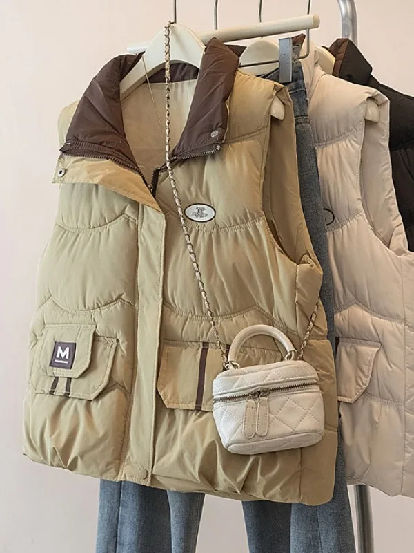 Fashionable Warm Cotton Vest Women's Loose Large Size Stand Collar Label Patchwork Outerwear City Walk Travel Shopping Home