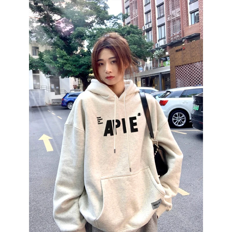 American style Oversize Plush Hoodie Women Autumn Winter 2025 New Letter Print Warm Pullover Sweatshirt Y2K Tops Ladies clothing