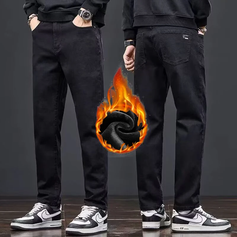 2026 New Men Thickened Warm Versatile Casual Pants Male Fashion Baggy Straight Leg Denim Pants Daily Windproof Fleece Jeans
