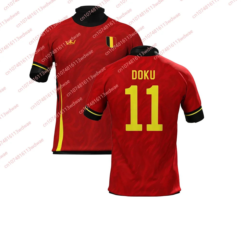 Belgium Theme Soccer Jersey Red Black Yellow Trim Tricolor Badge Pattern Adult Fan Training Football Shirt For Sports Supporters - view 2