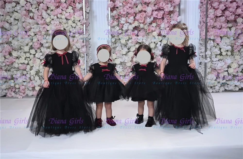 

Качественное милое черное тюлевое пышное платье с красным бантом и аппликацией для девочек-цветочниц на свадьбу, день рождения, бальные платья, настраиваемые