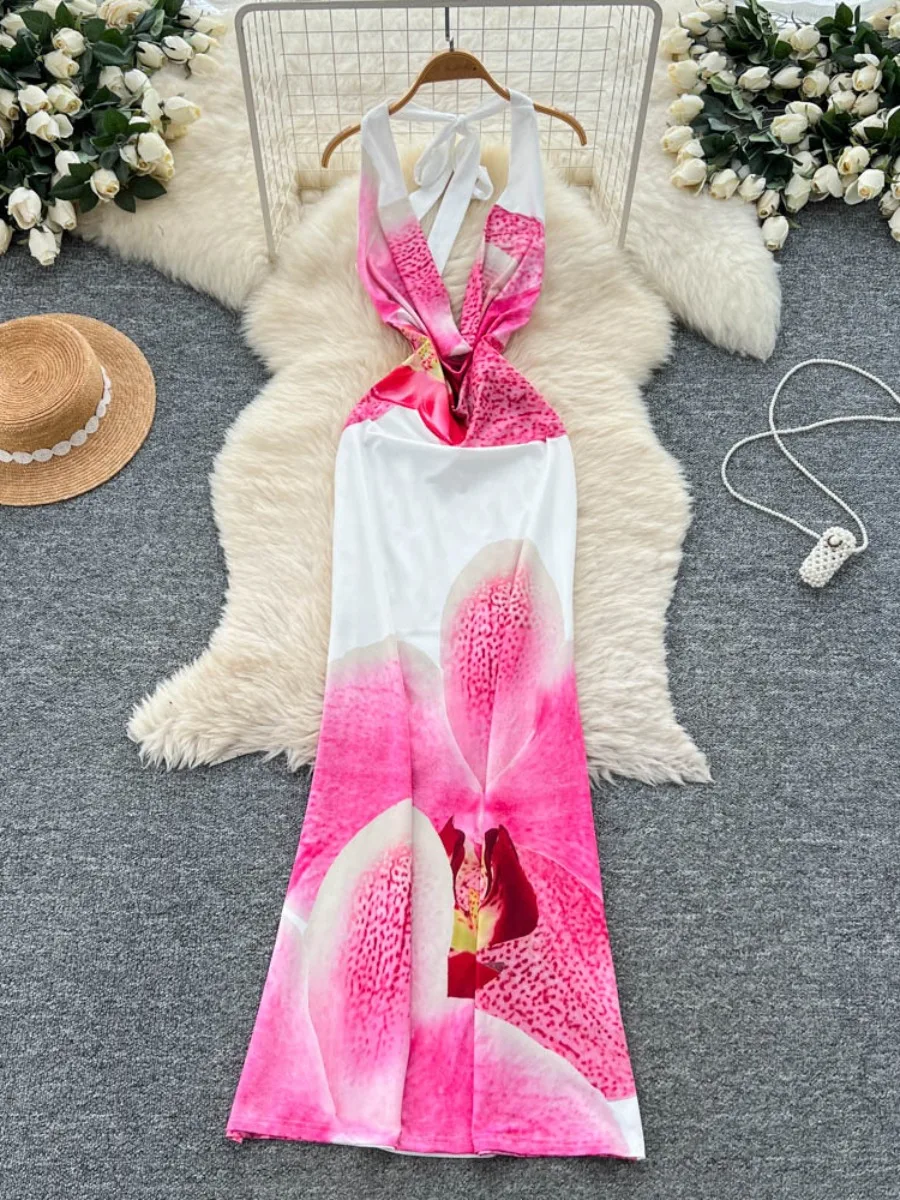 Foamlina ファッション V ネックフラワープリントホルタードレス女性の夏ディープ V カウルネック背中の開いたボディコン美しいマキシドレス